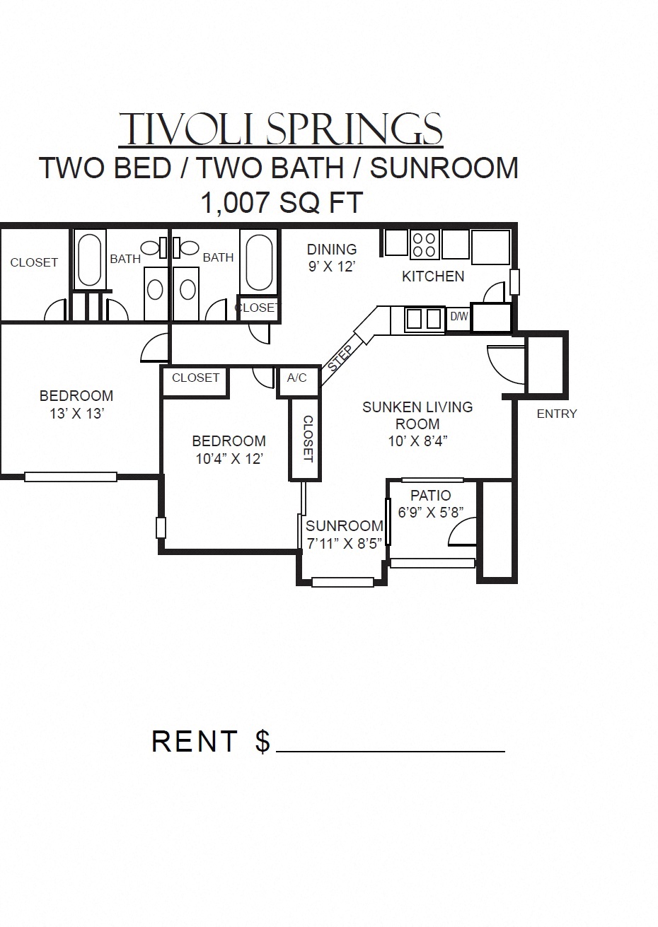 Floor plan for 2 beds, 2 baths, 1007 sqft